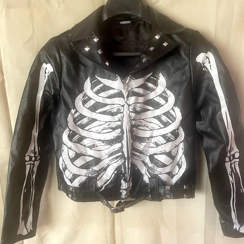 Faux leather spirit Halloween jacket skeleton; costume party fun!